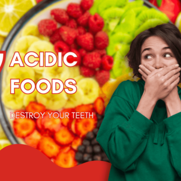 Woman covering her mouth against a background of acidic fruits with the title in white letters.