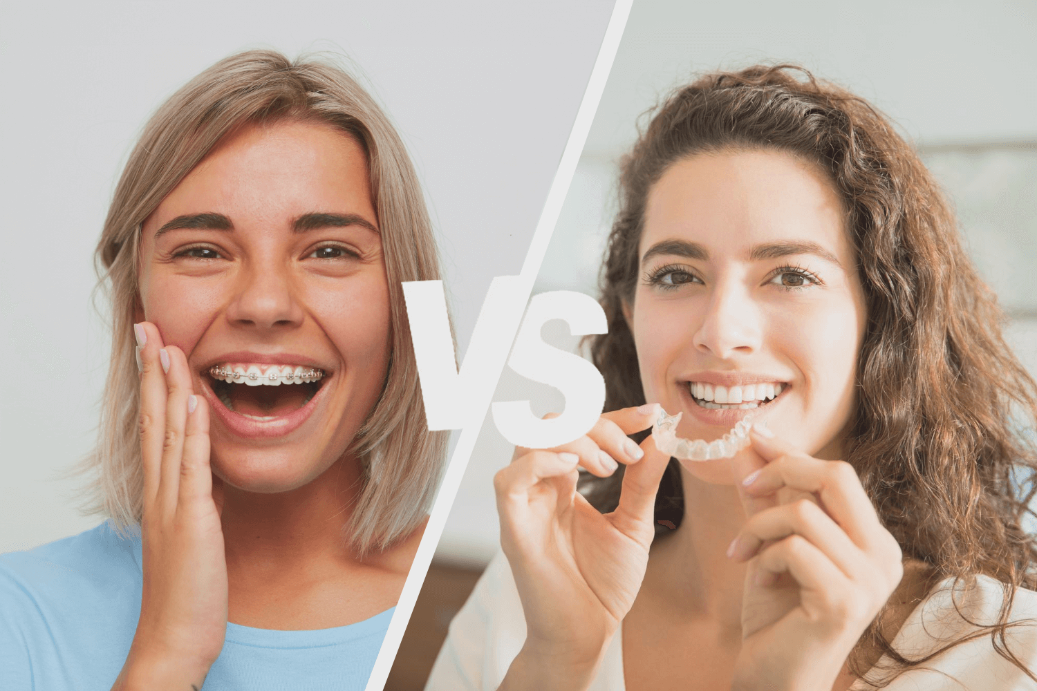 An image showcasing a side-by-side comparison of Invisalign clear aligners and Six Month Smiles braces.