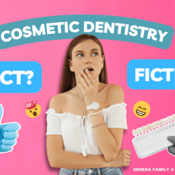 A vibrant thumbnail featuring a surprised woman against a pink background with hands holding dental tools, inviting curiosity about cosmetic dentistry myths and truths.