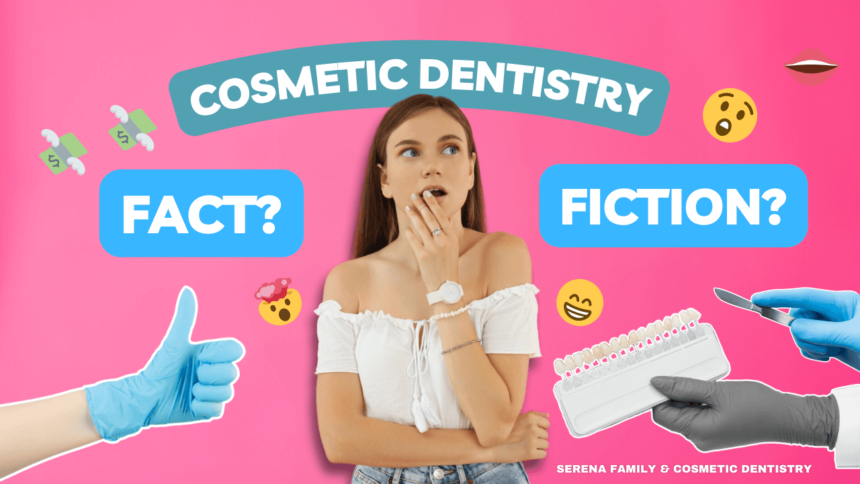 A vibrant thumbnail featuring a surprised woman against a pink background with hands holding dental tools, inviting curiosity about cosmetic dentistry myths and truths.