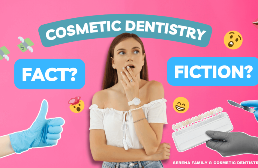 A vibrant thumbnail featuring a surprised woman against a pink background with hands holding dental tools, inviting curiosity about cosmetic dentistry myths and truths.