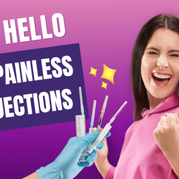 A happy woman with a carefree smile and a person holding syringes in front, representing painless injections.