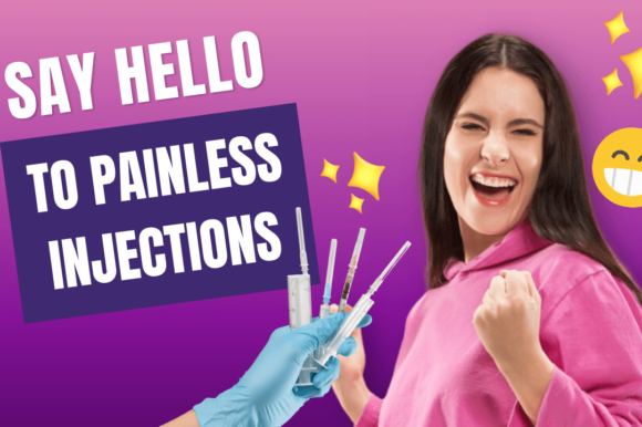 A happy woman with a carefree smile and a person holding syringes in front, representing painless injections.