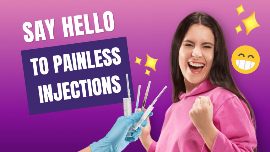 A happy woman with a carefree smile and a person holding syringes in front, representing painless injections.