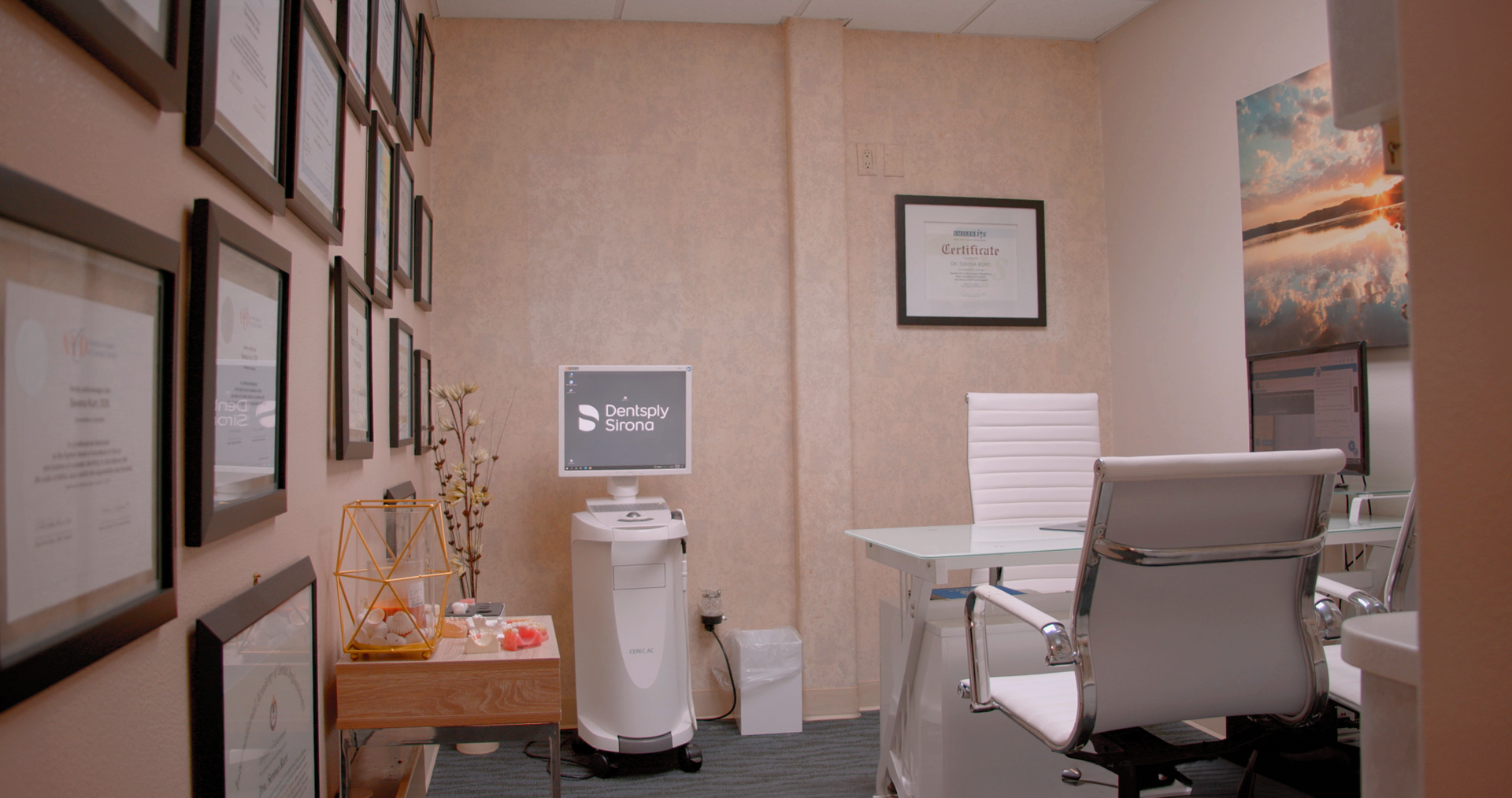 A photograph showcasing Dr. Kurt's personal office at Serena Family & Cosmetic Dentistry, adorned with his certifications and achievements.