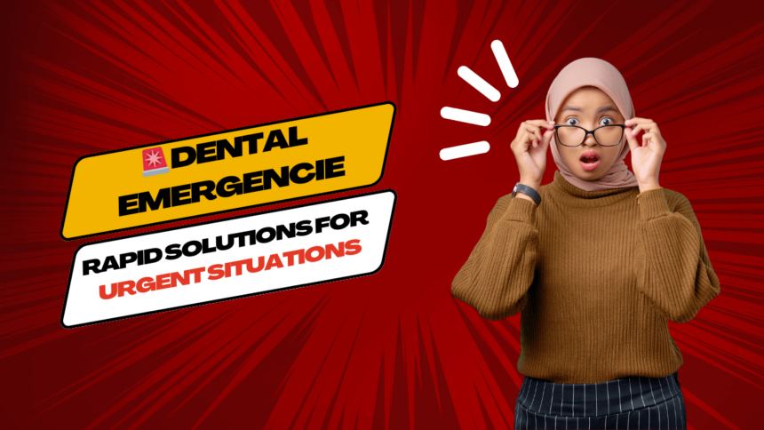 A thumbnail image for a blog post on Dental Emergencies, featuring a surprised woman against a red background with a comic book-style effect.