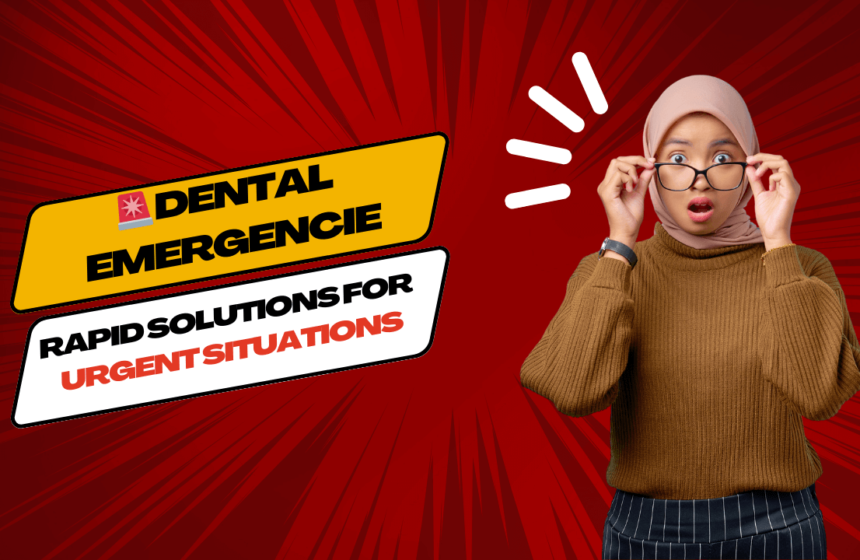 A thumbnail image for a blog post on Dental Emergencies, featuring a surprised woman against a red background with a comic book-style effect.