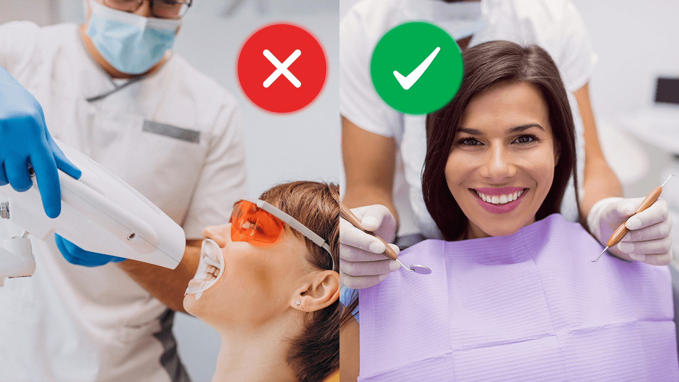 Cosmetic Dentistry A set of comparative images featuring green check marks and red crosses, depicting the truth about teeth whitening.