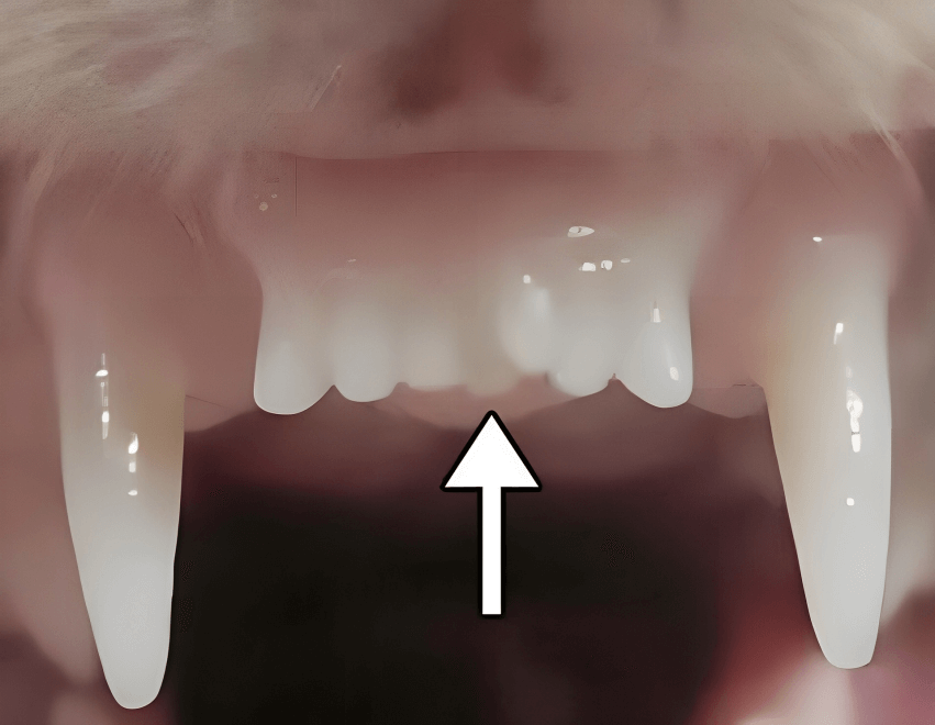 A new tooth emerging in a ferret's mouth, induced by a drug to stimulate tooth bud growth.