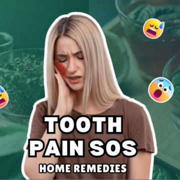 Woman experiencing dental pain with green home remedy icons