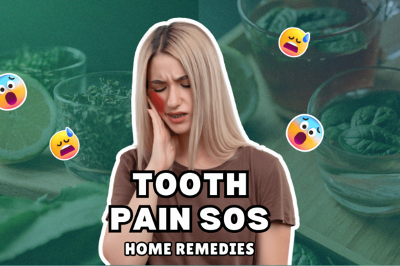 Woman experiencing dental pain with green home remedy icons