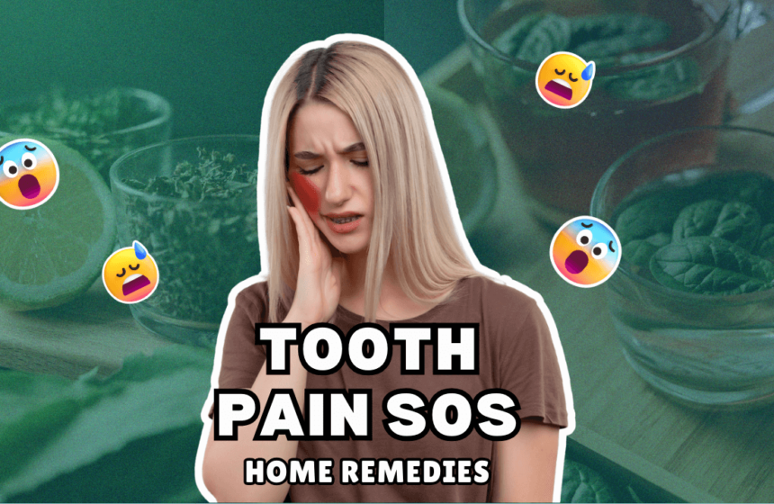 Woman experiencing dental pain with green home remedy icons