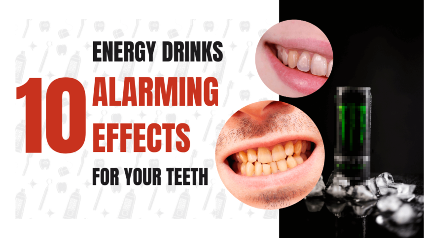 An energy drink can and a set of teeth