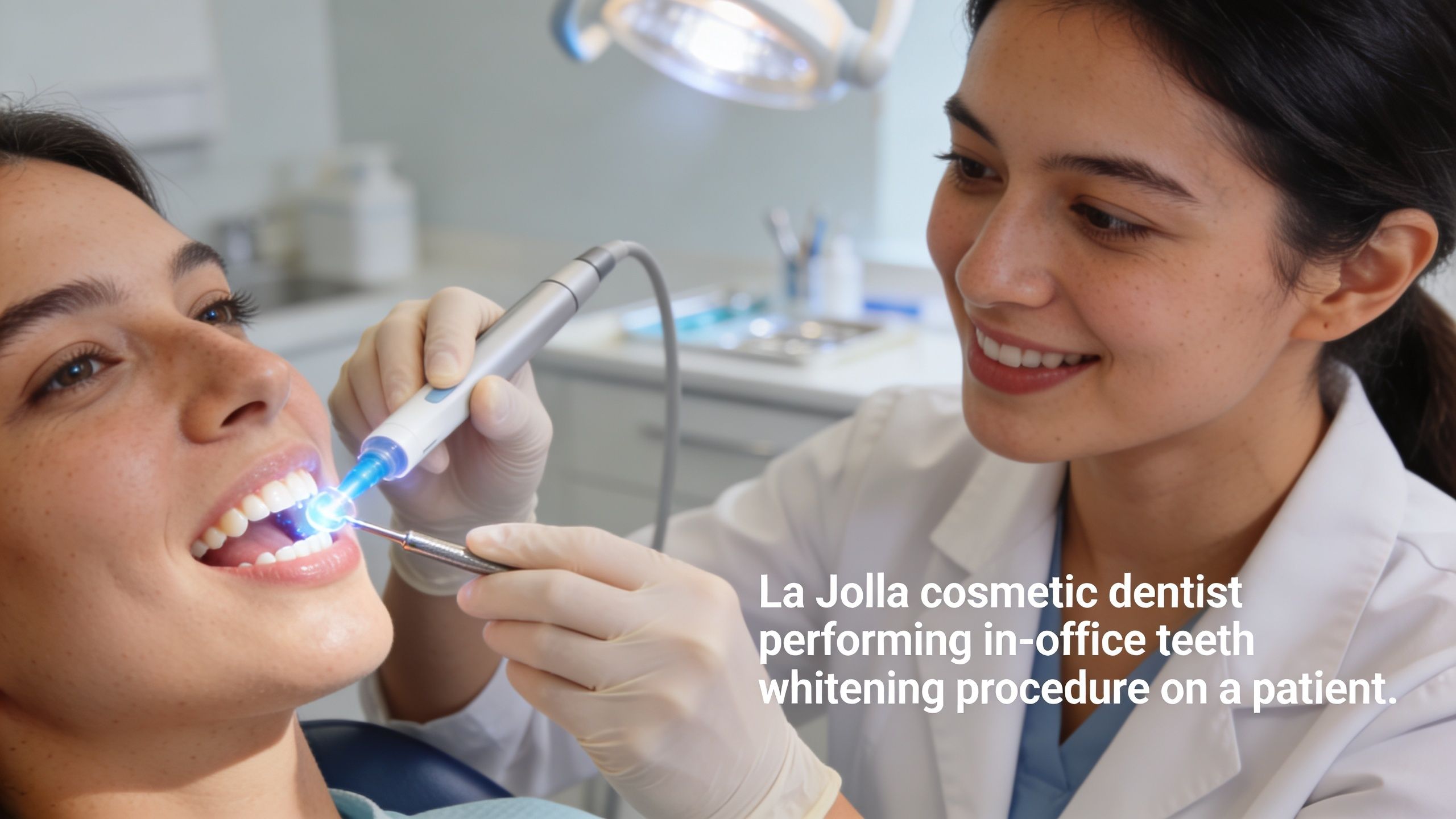 A smiling cosmetic dentist performing a professional in-office teeth whitening procedure on a patient in La Jolla.