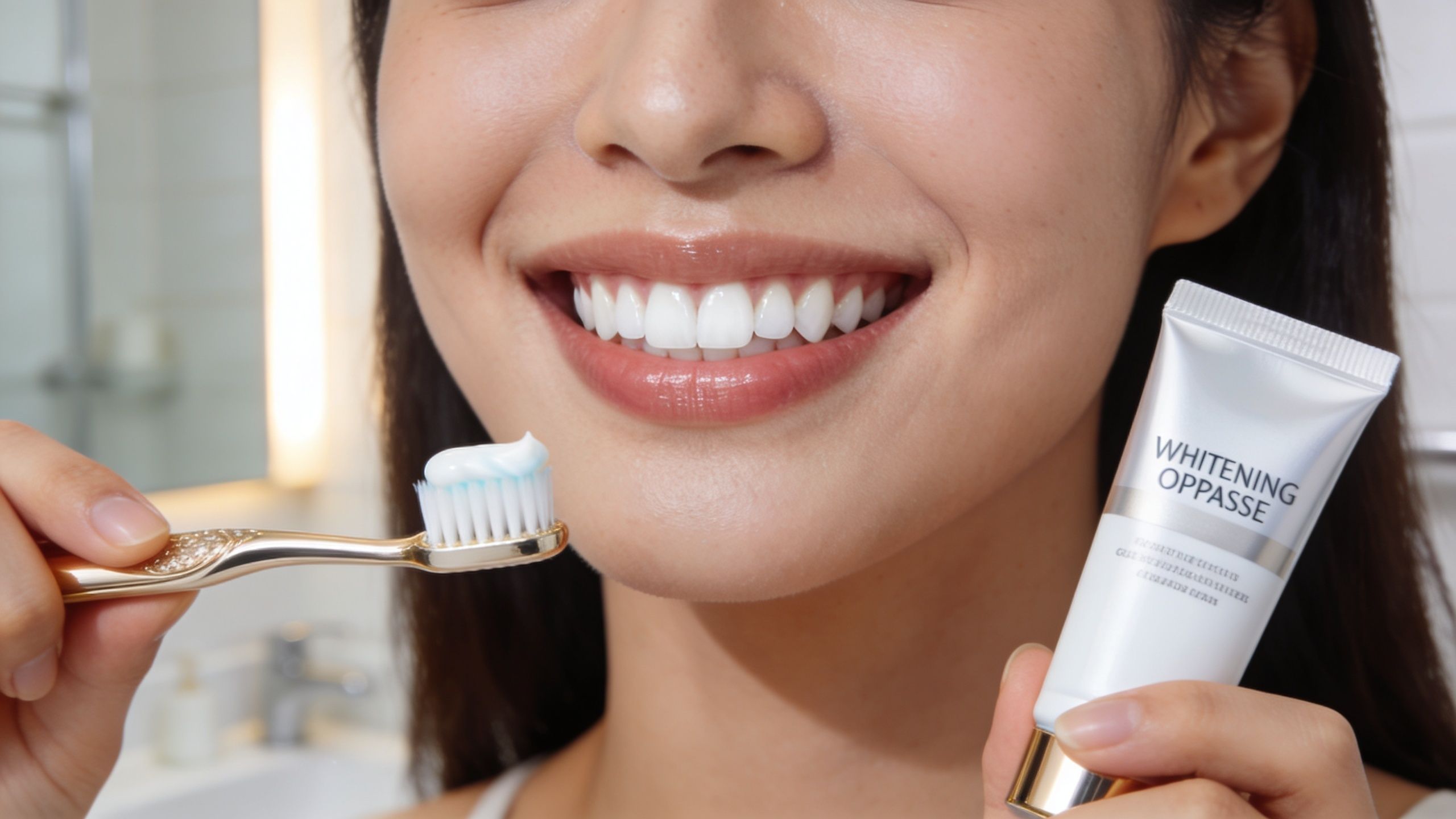 A smiling woman holding a toothbrush with toothpaste and a tube of teeth whitening product.