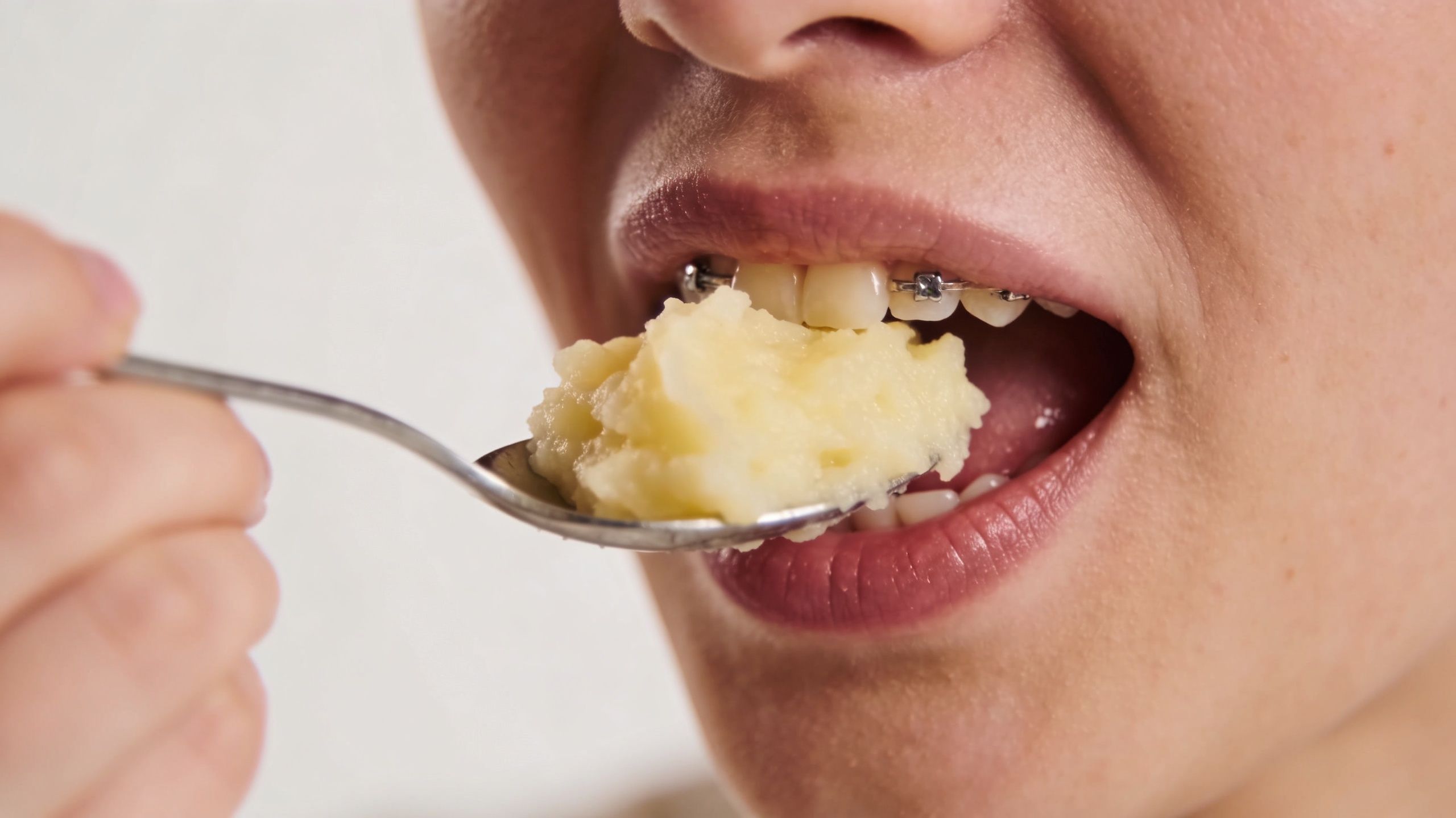 A close-up view of a person wearing dental braces eating mashed potatoes from a metal spoon.