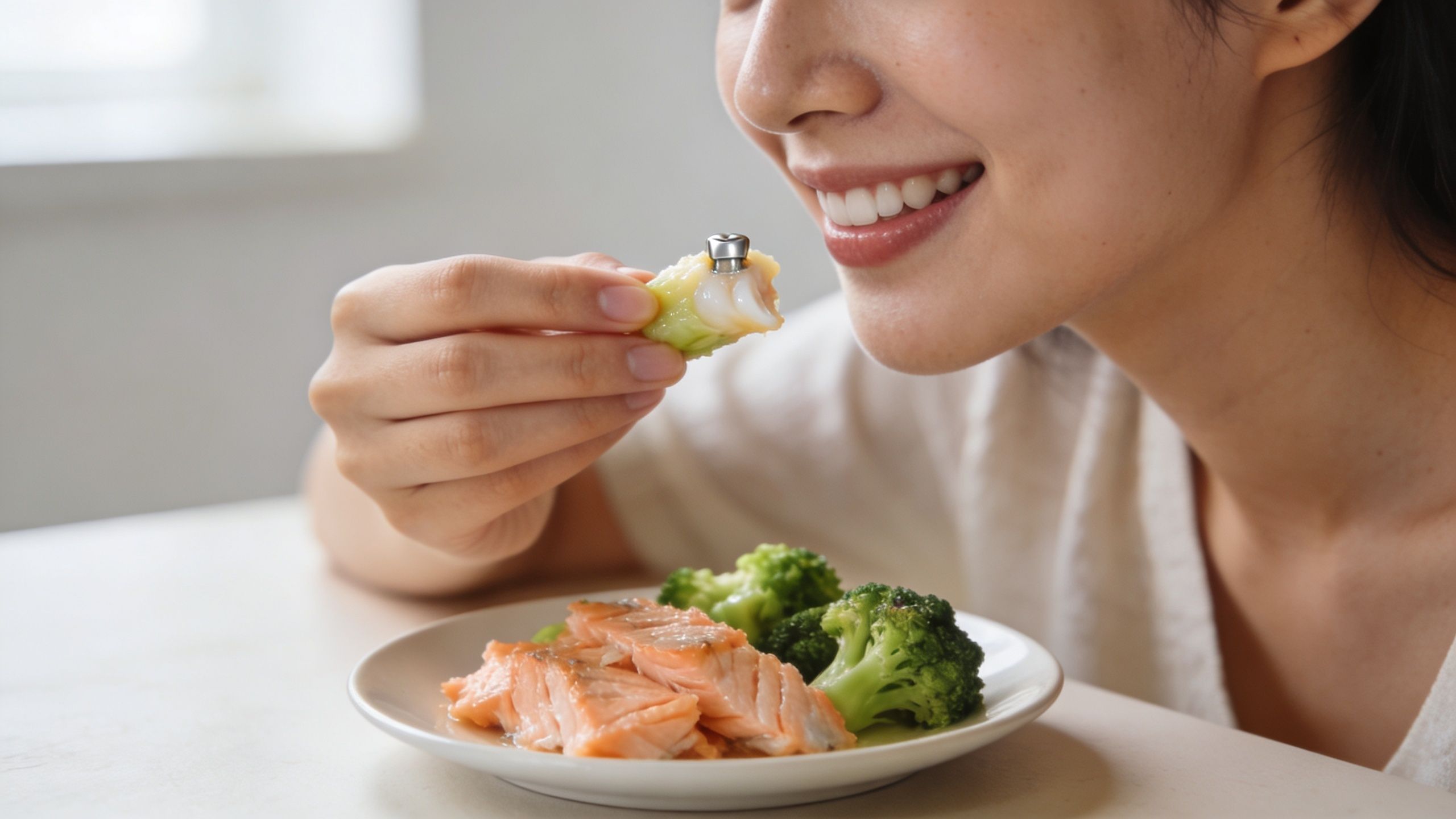 A smiling woman holding a piece of steamed broccoli with a metallic dental implant component on top.