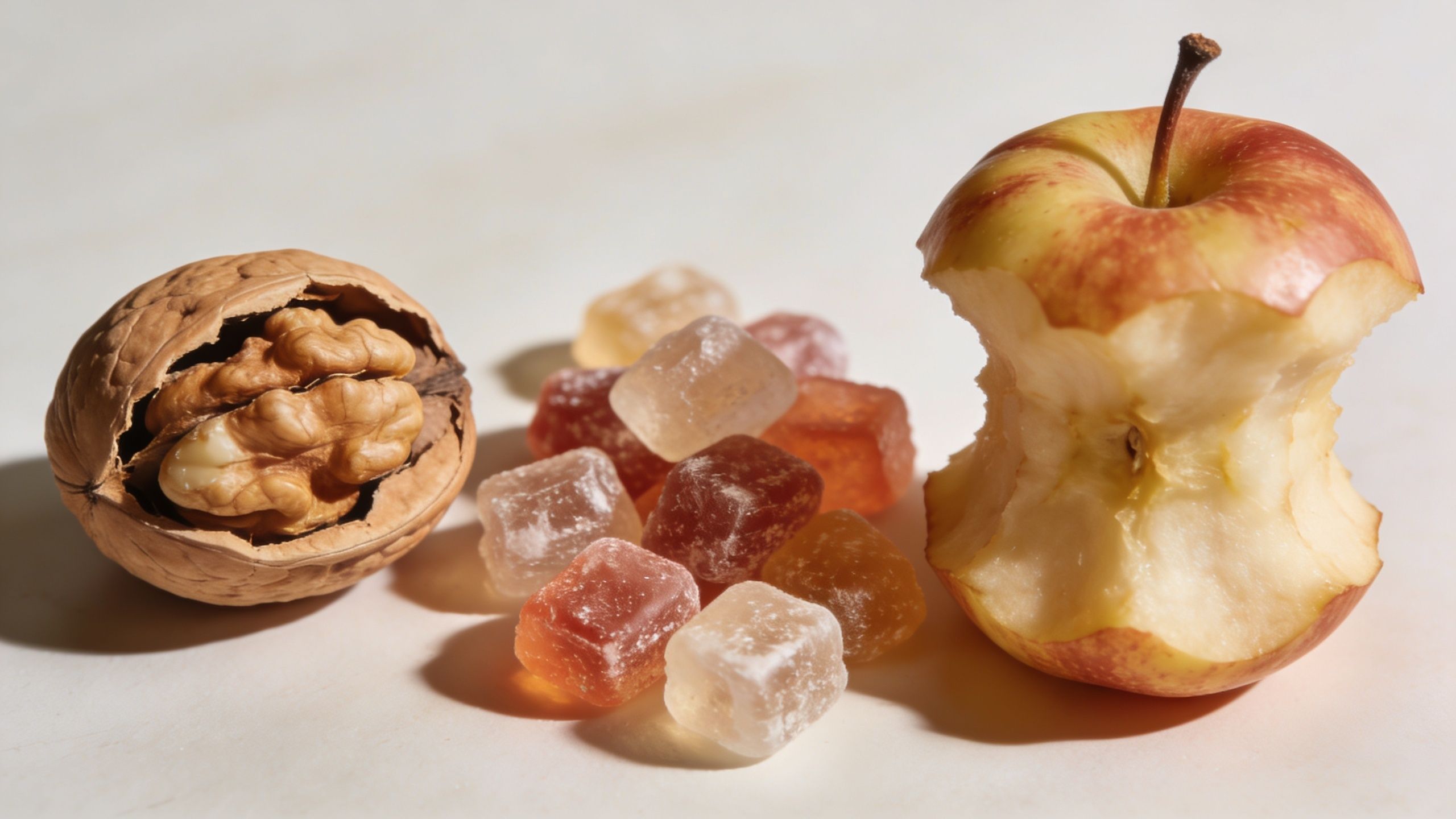 A walnut, a collection of colorful sugar cubes, and a bitten apple core on a table.